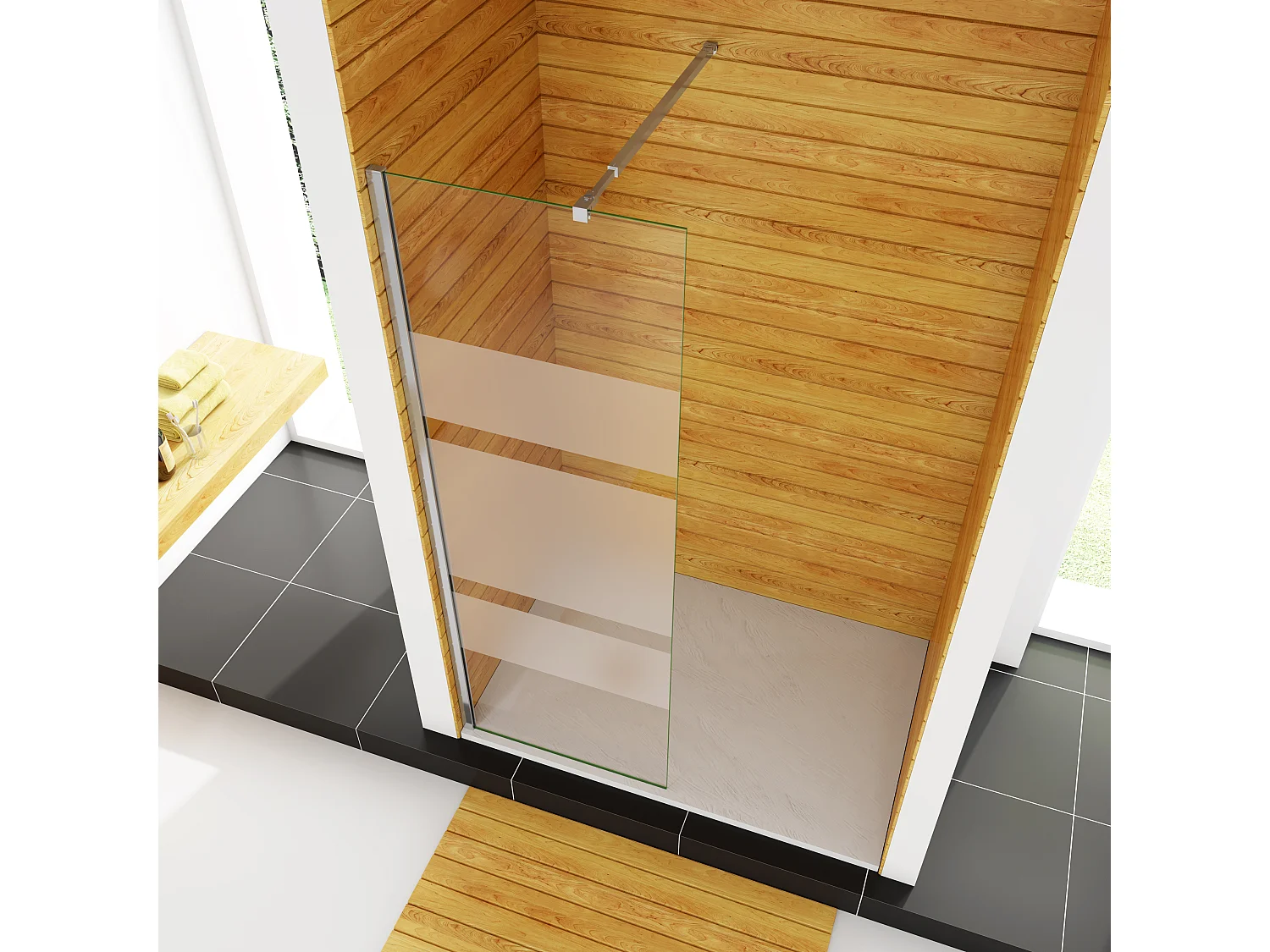 AICA paroi de douche à l’italienne fixe 60x190cm, style bandes horizontales, en 6mm verre anticalcaire, livré avec barre de stabilisation extensible