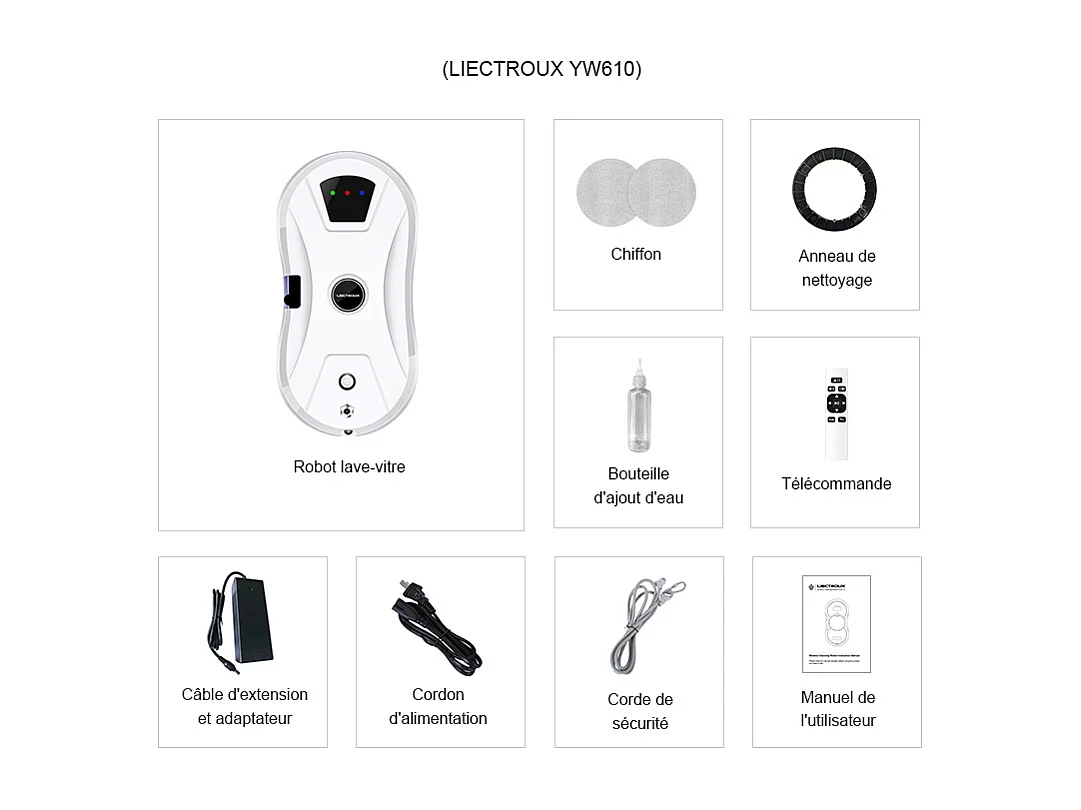 LIECTROUX Robot Lave Vitre YW610 - Haute performance, rservoir d'eau 30mL, Robot nettoyeur laveur de vitres intelligent autonome