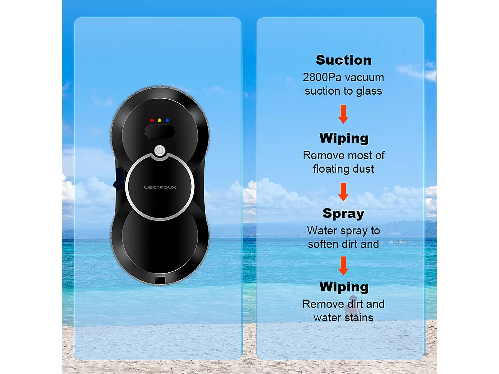 LIECTROUX Robot Lave Vitre HCR-10 Noir - 2800 Pa - Réservoir 30ml - Nettoyage auto - Robot laveur de vitres intelligent autonome