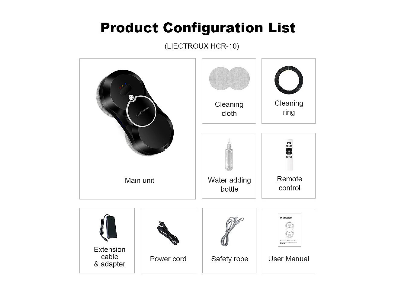 LIECTROUX Robot Lave Vitre HCR-10 Noir - 2800 Pa - Réservoir 30ml - Nettoyage auto - Robot laveur de vitres intelligent autonome