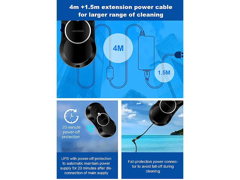 LIECTROUX Robot Lave Vitre HCR-10 Noir - 2800 Pa - Réservoir 30ml - Nettoyage auto - Robot laveur de vitres intelligent autonome