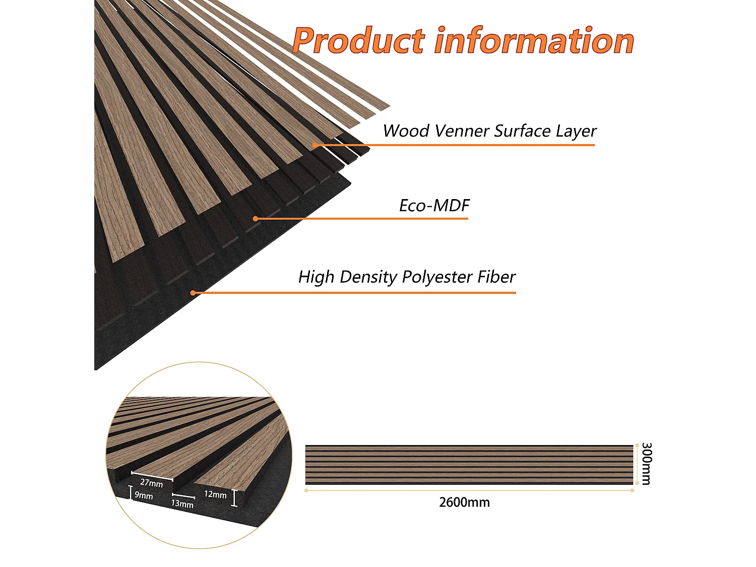 Lot de 3 Panneaux Muraux Décoratifs Acoustiques Bois MDF 260x30cm Noyer  AntiBruit, Facile à Poser