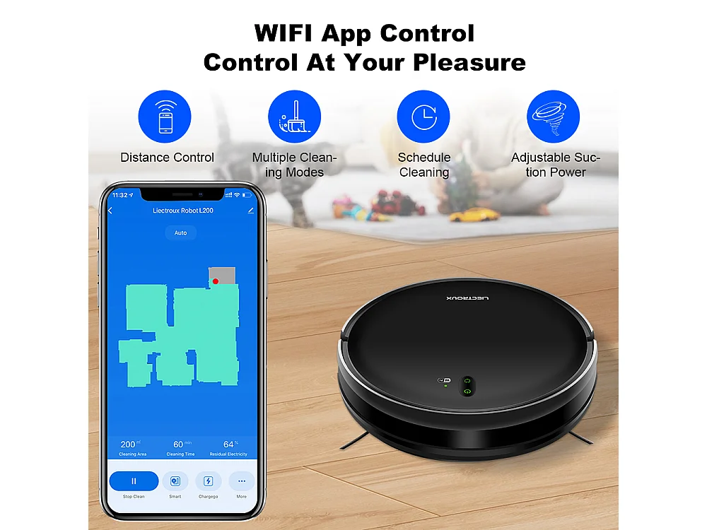 Aspirateur Robot - LIECTROUX - L200 - Nettoyage Eau et Poussires - Autonomie 120 min - Connect IoT
