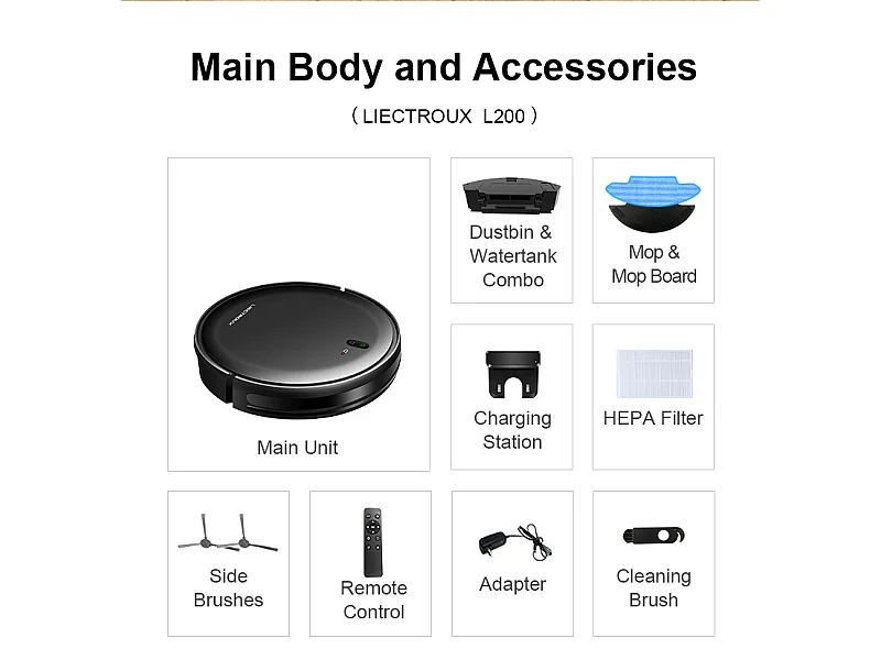 Aspirateur Robot - LIECTROUX - L200 - Nettoyage Eau et Poussires - Autonomie 120 min - Connect IoT