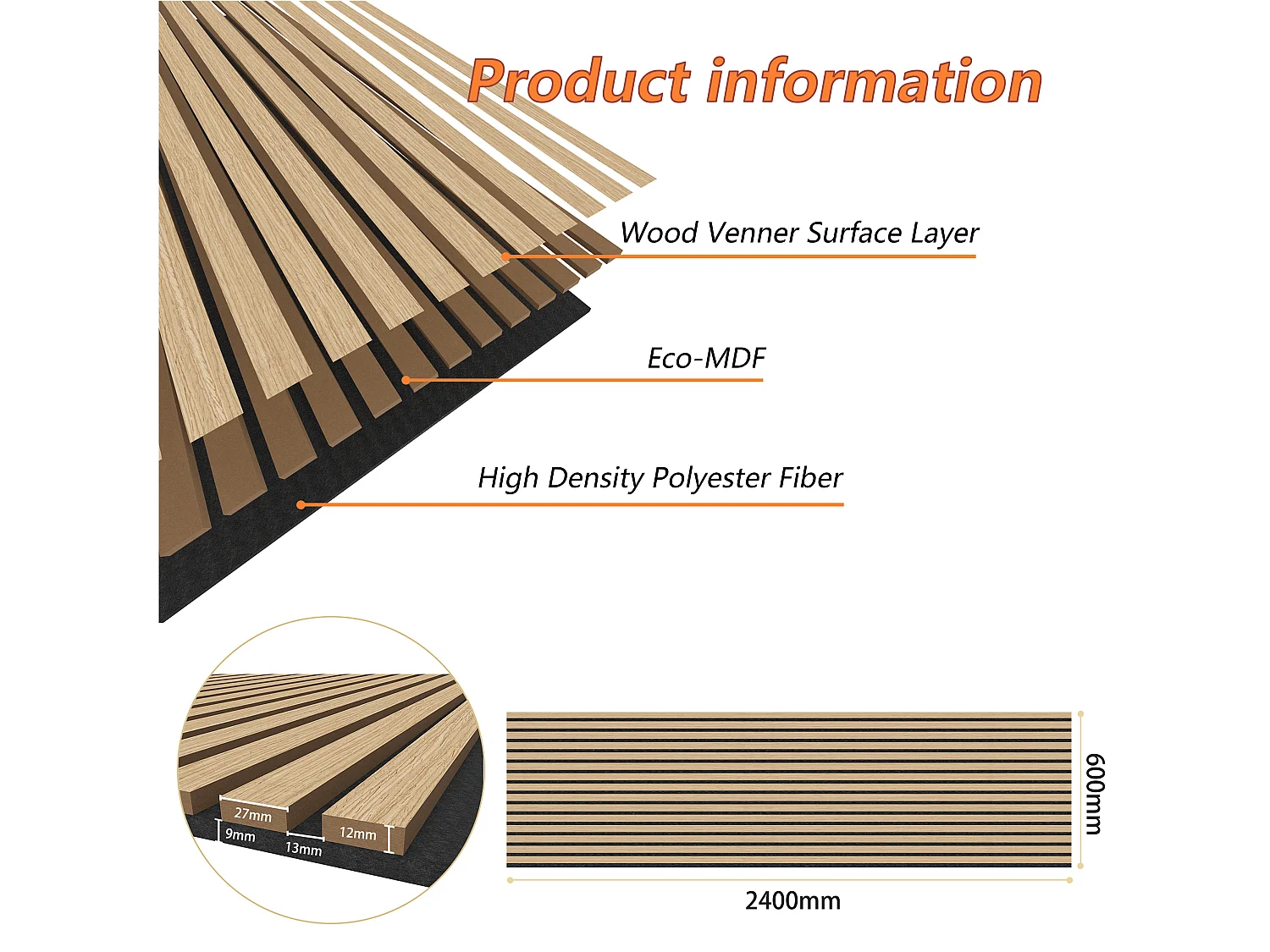 Lot de 3 Panneaux Muraux Décoratifs Acoustiques Bois MDF 240x60cm Chêne clair AntiBruit, Facile à Poser