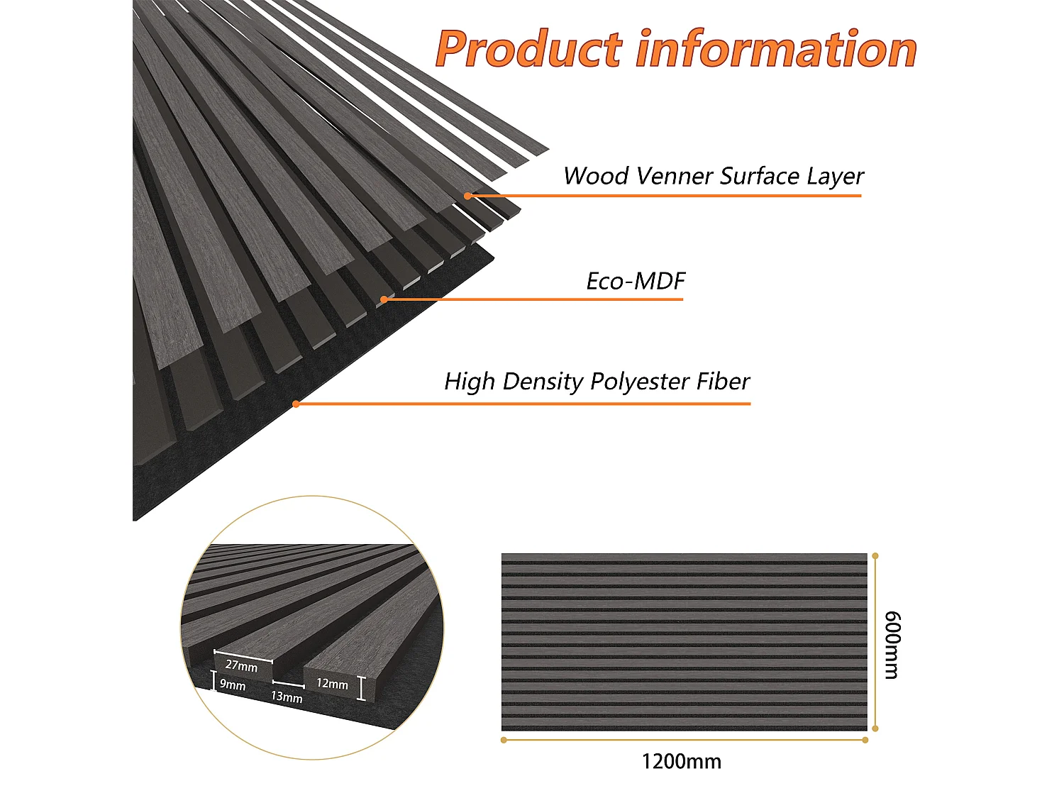 Lot de 2 Panneaux Muraux Décoratifs Acoustiques Bois MDF 120x60cm Chêne noir  AntiBruit, Facile à Poser