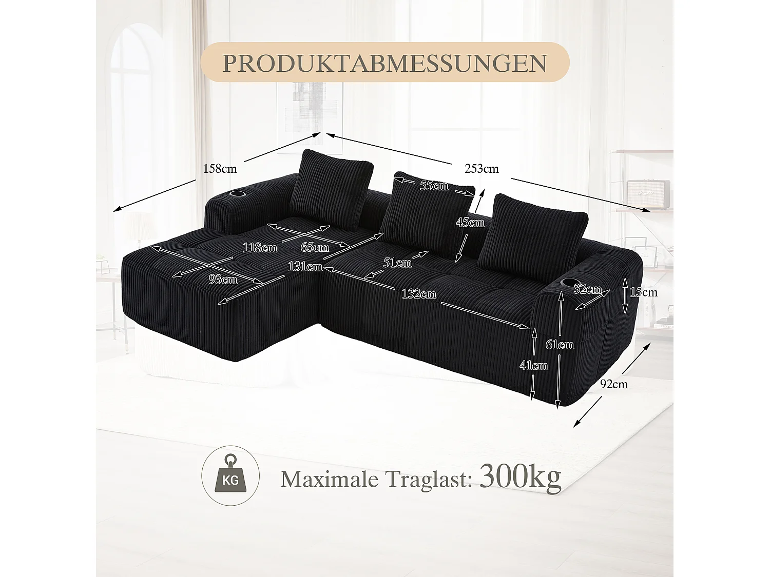 Compacte modulaire bank van corduroy met zijvakken en kussens, zwart