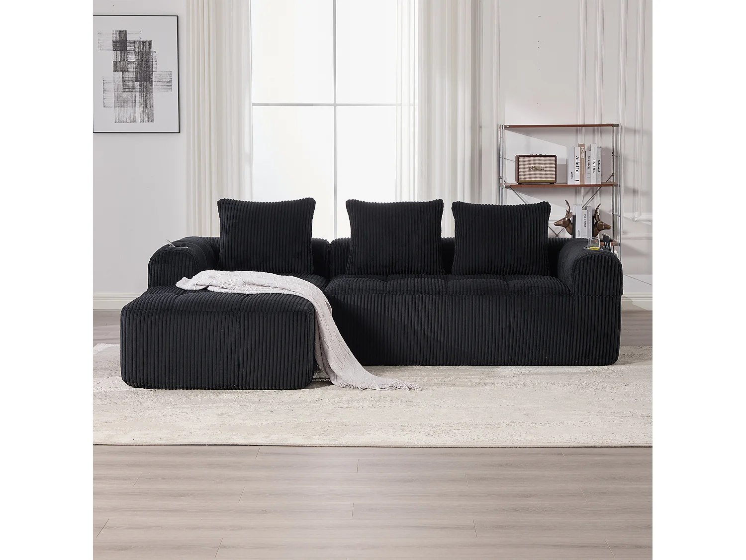 Compacte modulaire bank van corduroy met zijvakken en kussens, zwart