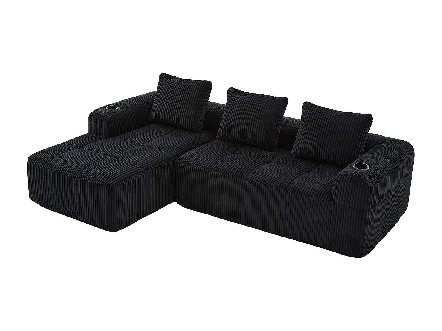 Canapé compact modulable en velours côtelé avec poches latérales et coussins Noir