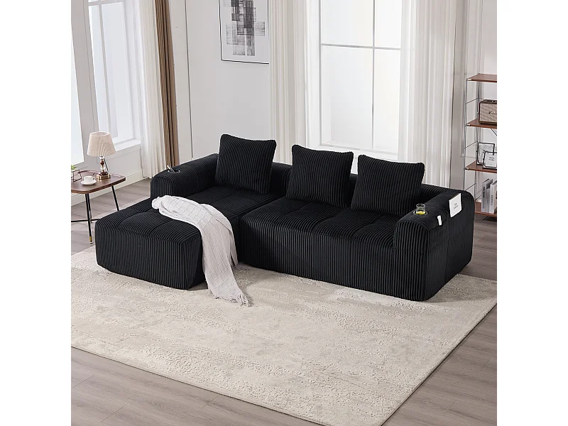 Compacte modulaire bank van corduroy met zijvakken en kussens, zwart