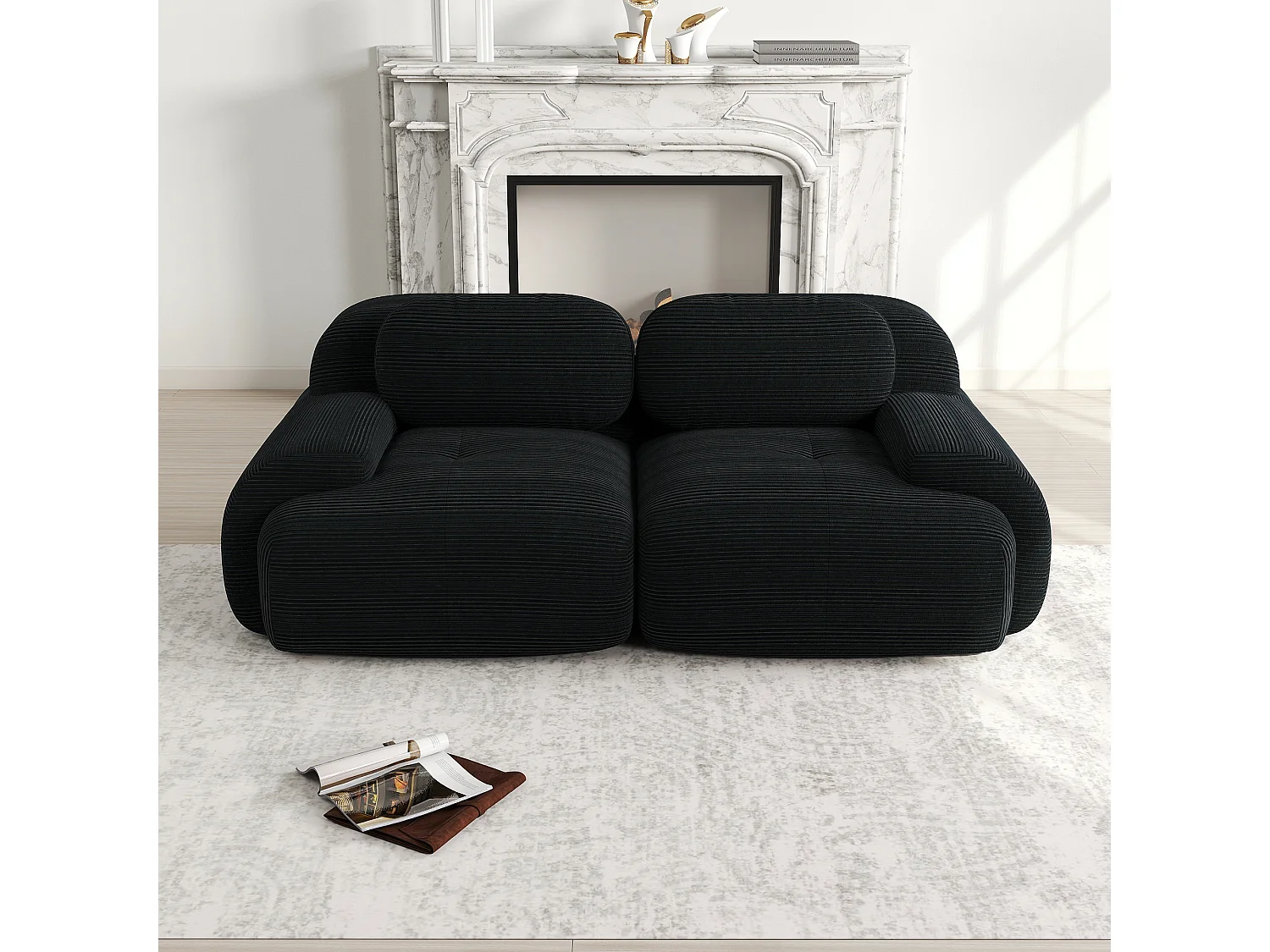 Canapé loveseat 82'' modulable en velours côtelé avec accoudoirs arrondis Noir