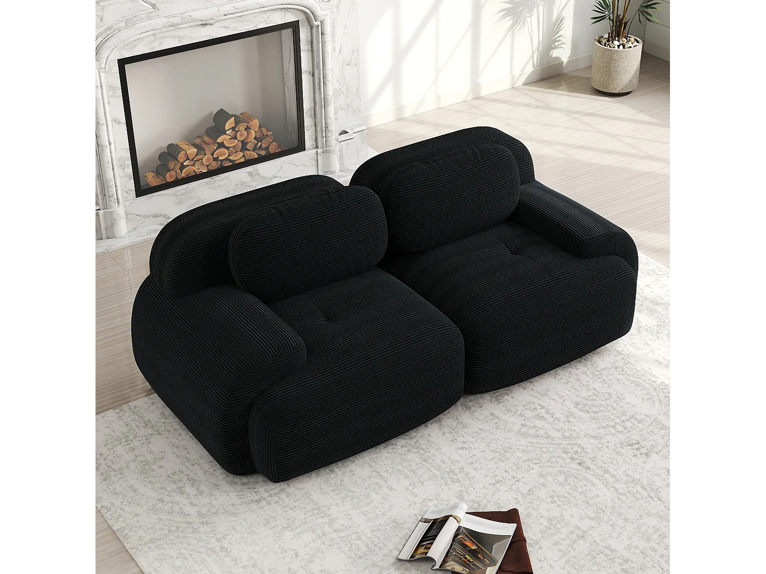 Canapé loveseat 82'' modulable en velours côtelé avec accoudoirs arrondis Noir