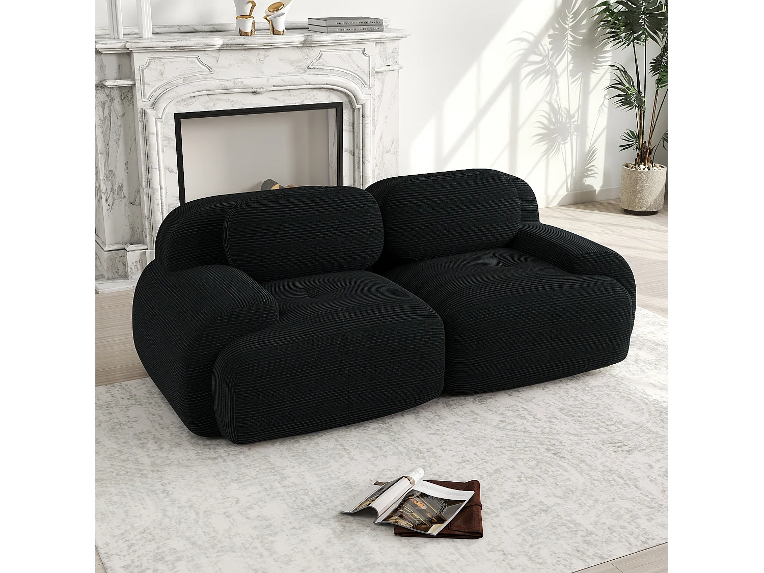 Canapé loveseat 82'' modulable en velours côtelé avec accoudoirs arrondis Noir