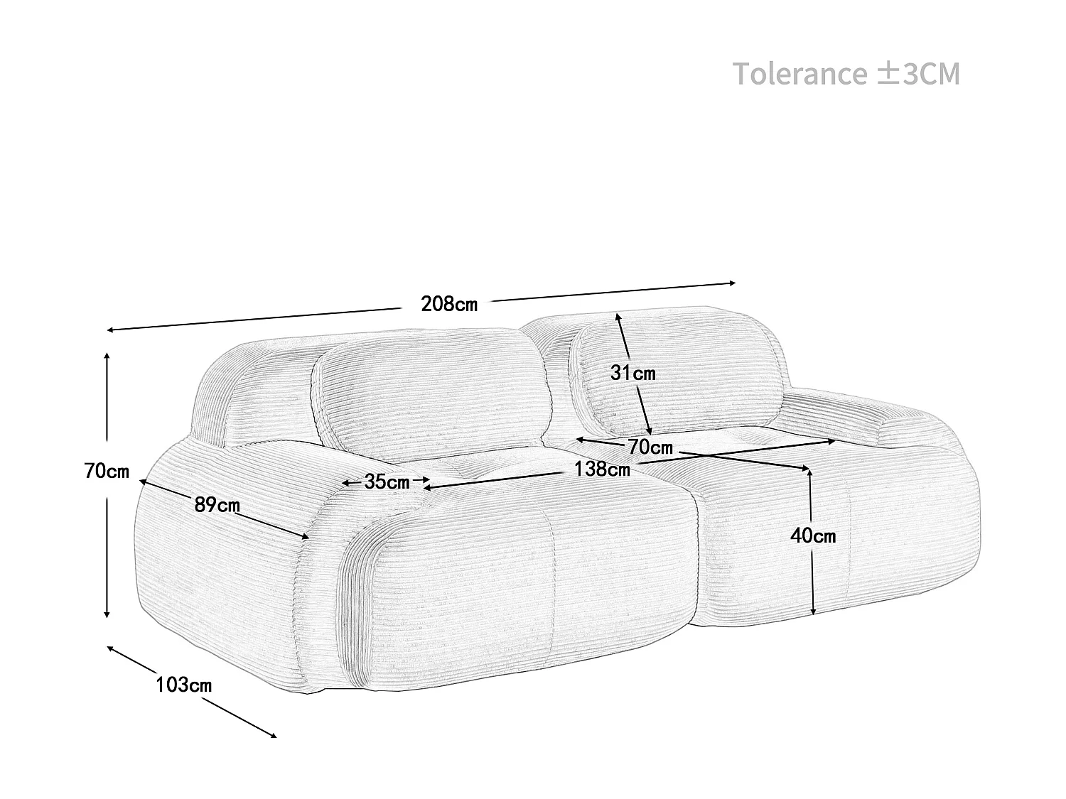 Canapé loveseat 82'' modulable en velours côtelé avec accoudoirs arrondis Noir