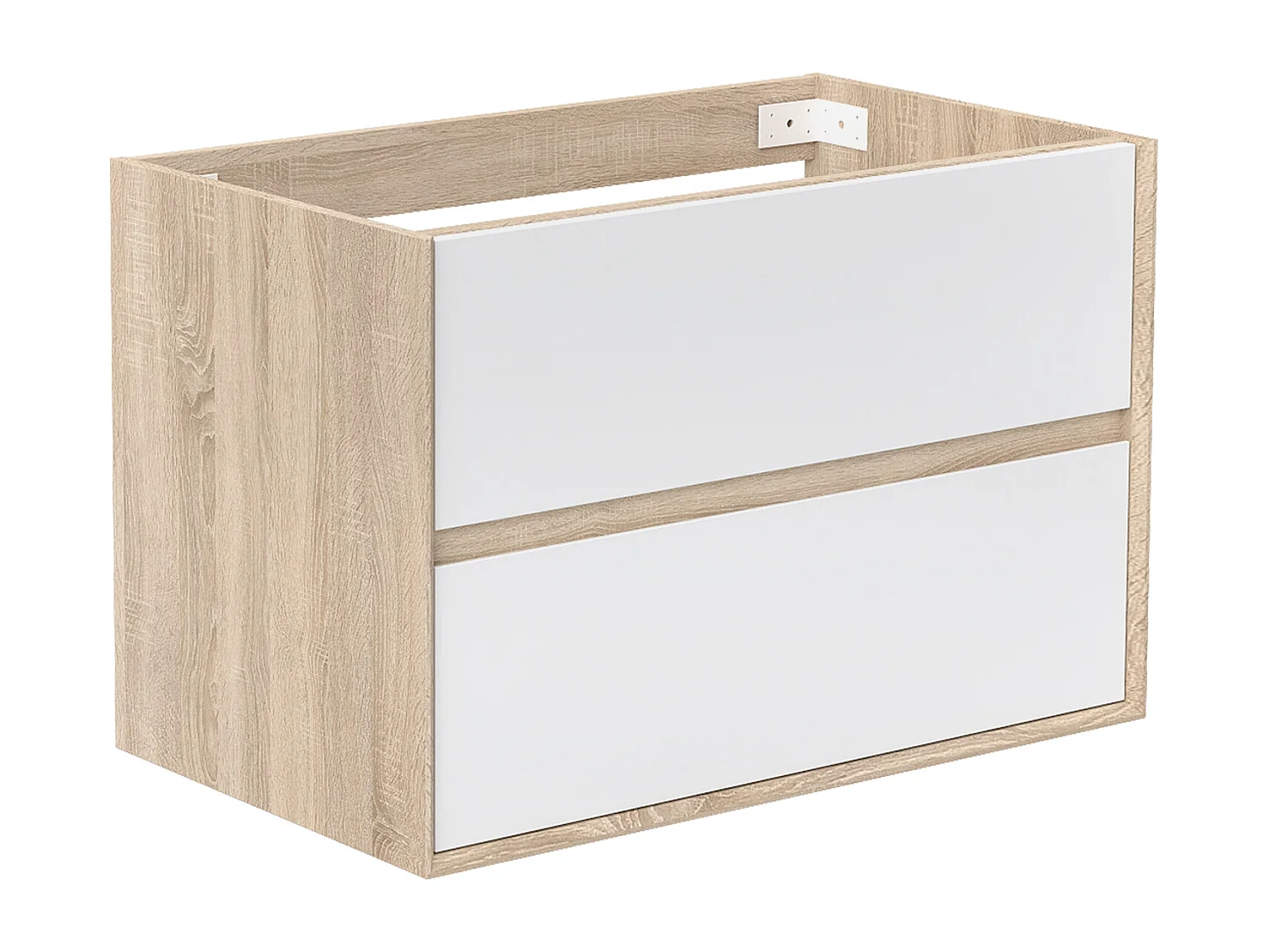 Meuble sous vasque suspendu 80 cm + 2 tiroirs, Blanc et Chêne, sans compter lavabo