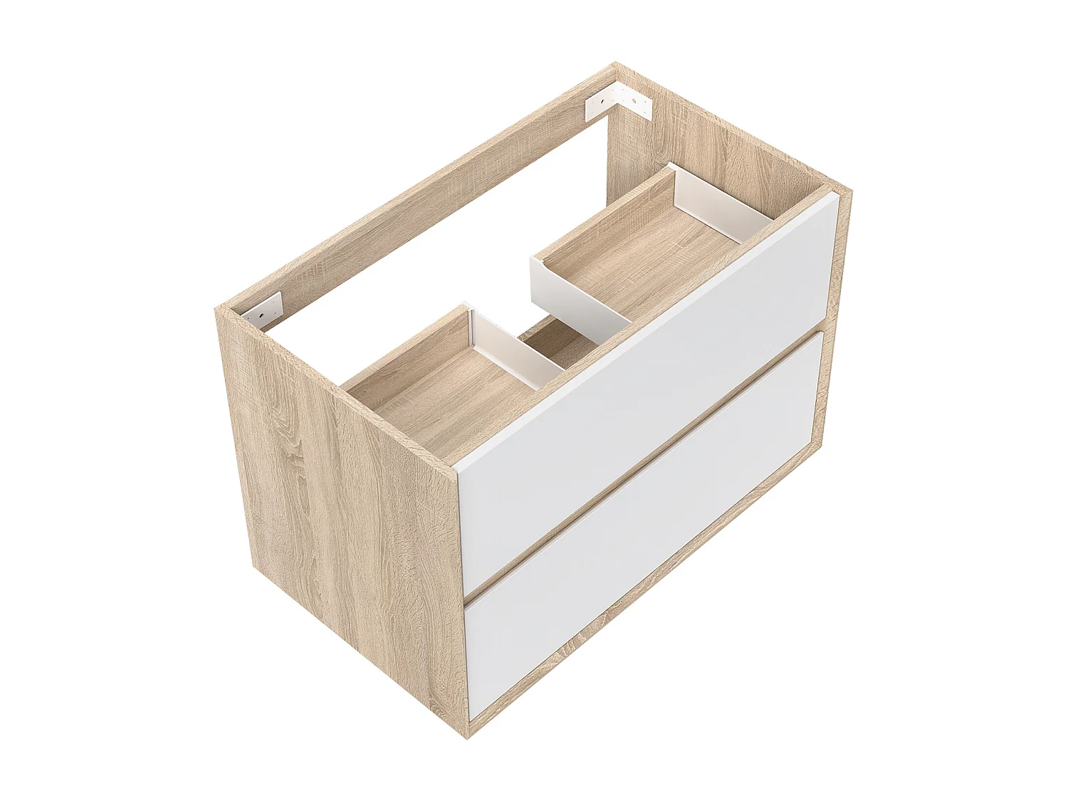 Meuble sous vasque suspendu 80 cm + 2 tiroirs, Blanc et Chêne, sans compter lavabo