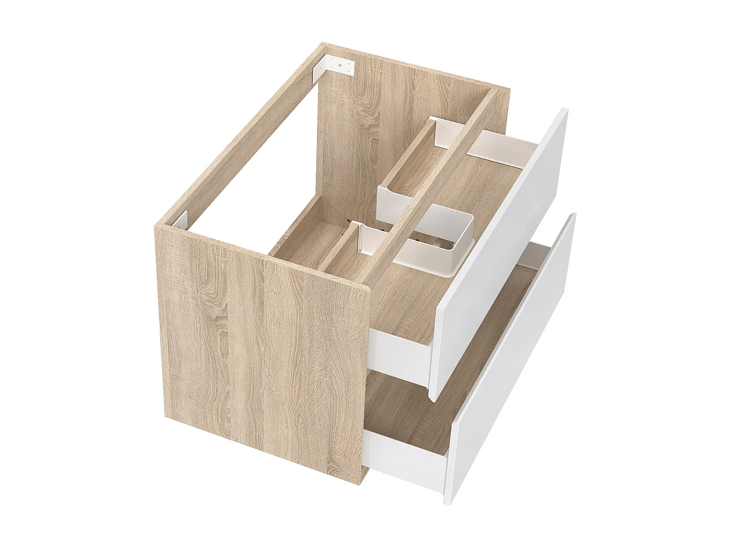 Meuble sous vasque suspendu 80 cm + 2 tiroirs, Blanc et Chêne, sans compter lavabo