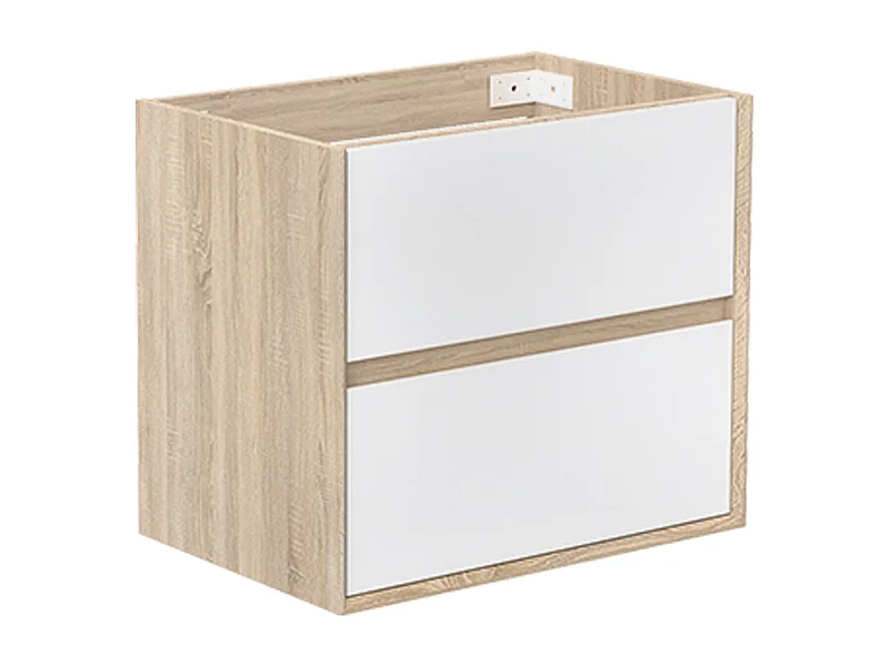 Meuble sous vasque suspendu 60 cm + 2 tiroirs, Blanc et Chêne, sans compter lavabo
