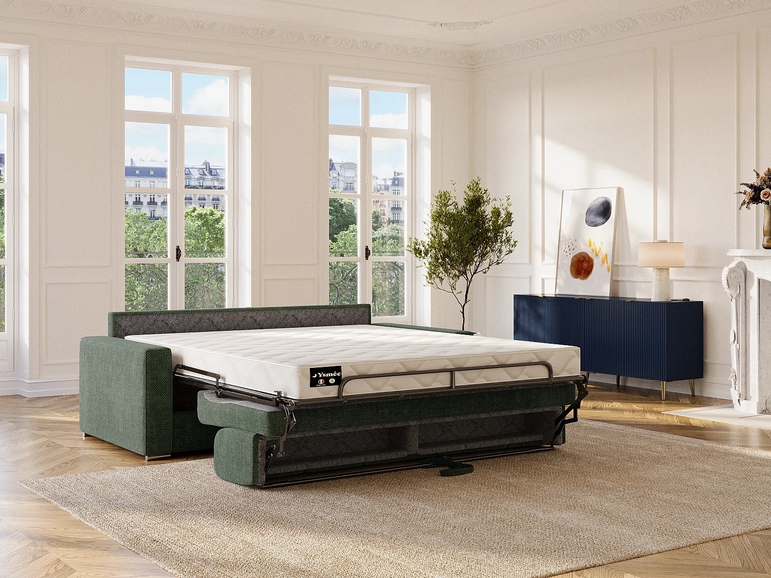 Canapé 4 places convertible express en tissu vert - Couchage à lattes larges 160 cm - Matelas 14 cm CALITO