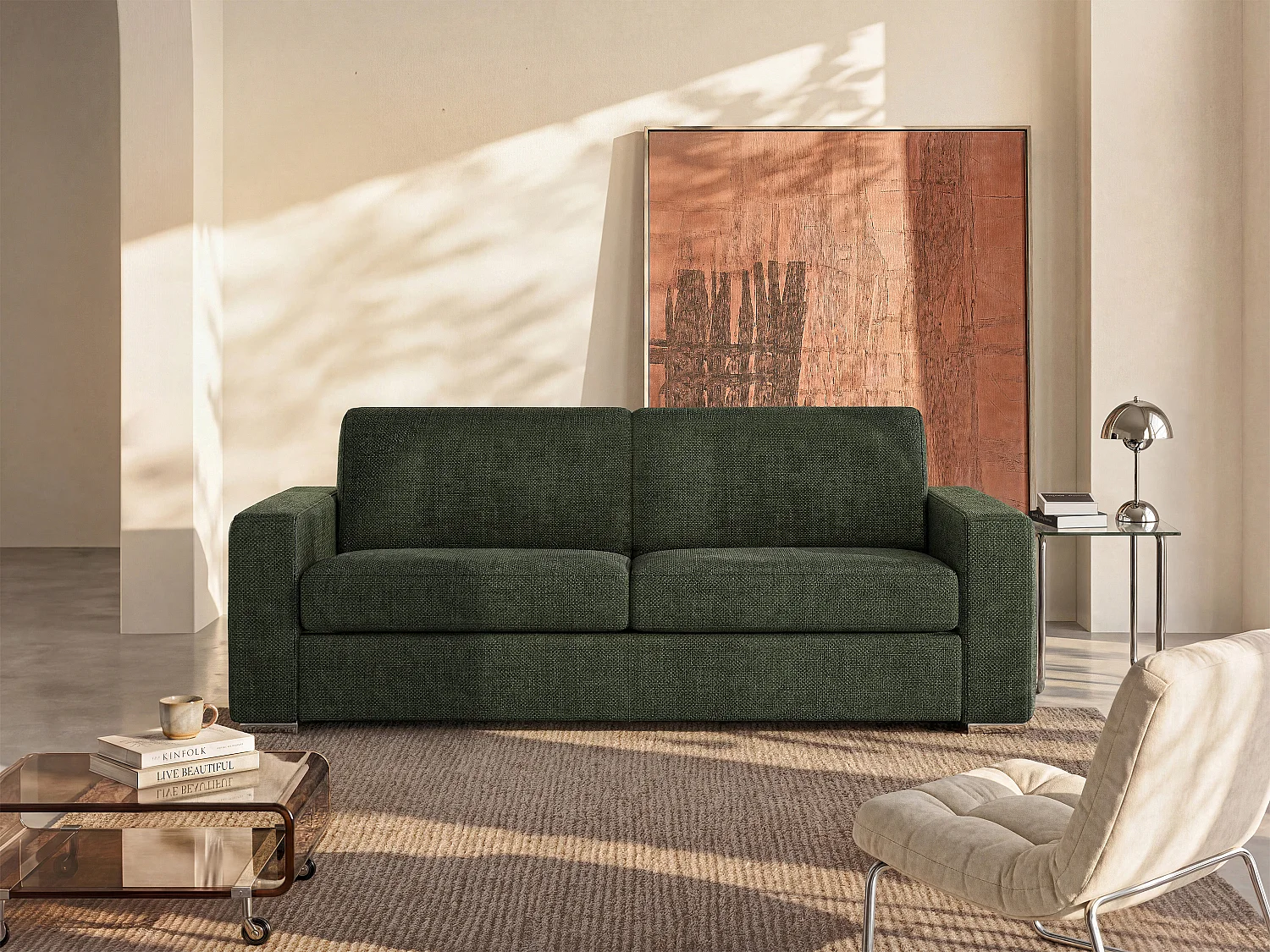 Canapé 4 places convertible express en tissu vert - Couchage à lattes larges 160 cm - Matelas 14 cm CALITO