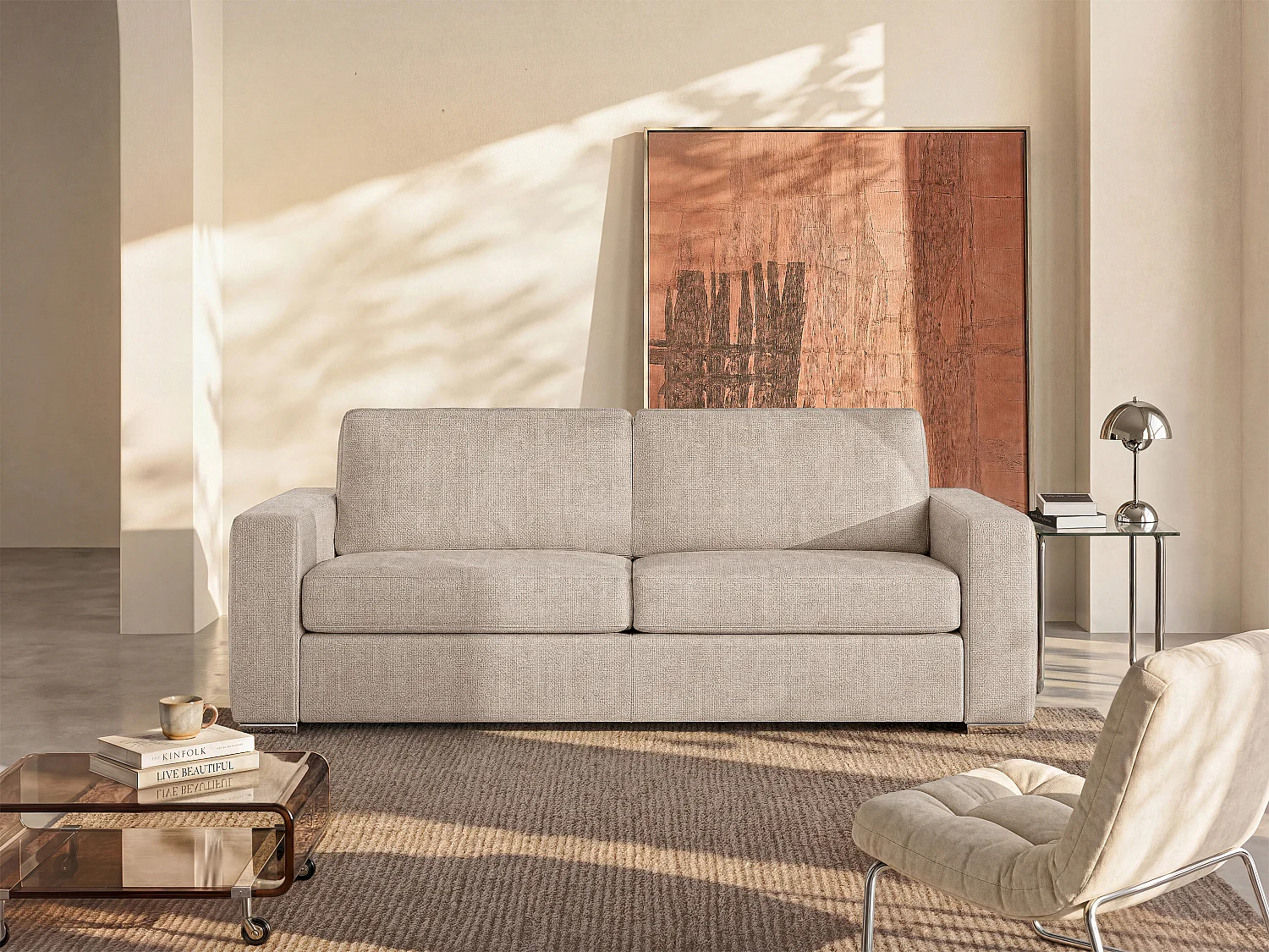 Canapé 4 places convertible express en tissu beige - Couchage à lattes larges 160 cm - Matelas 22 cm avec mémoire de forme CALITO