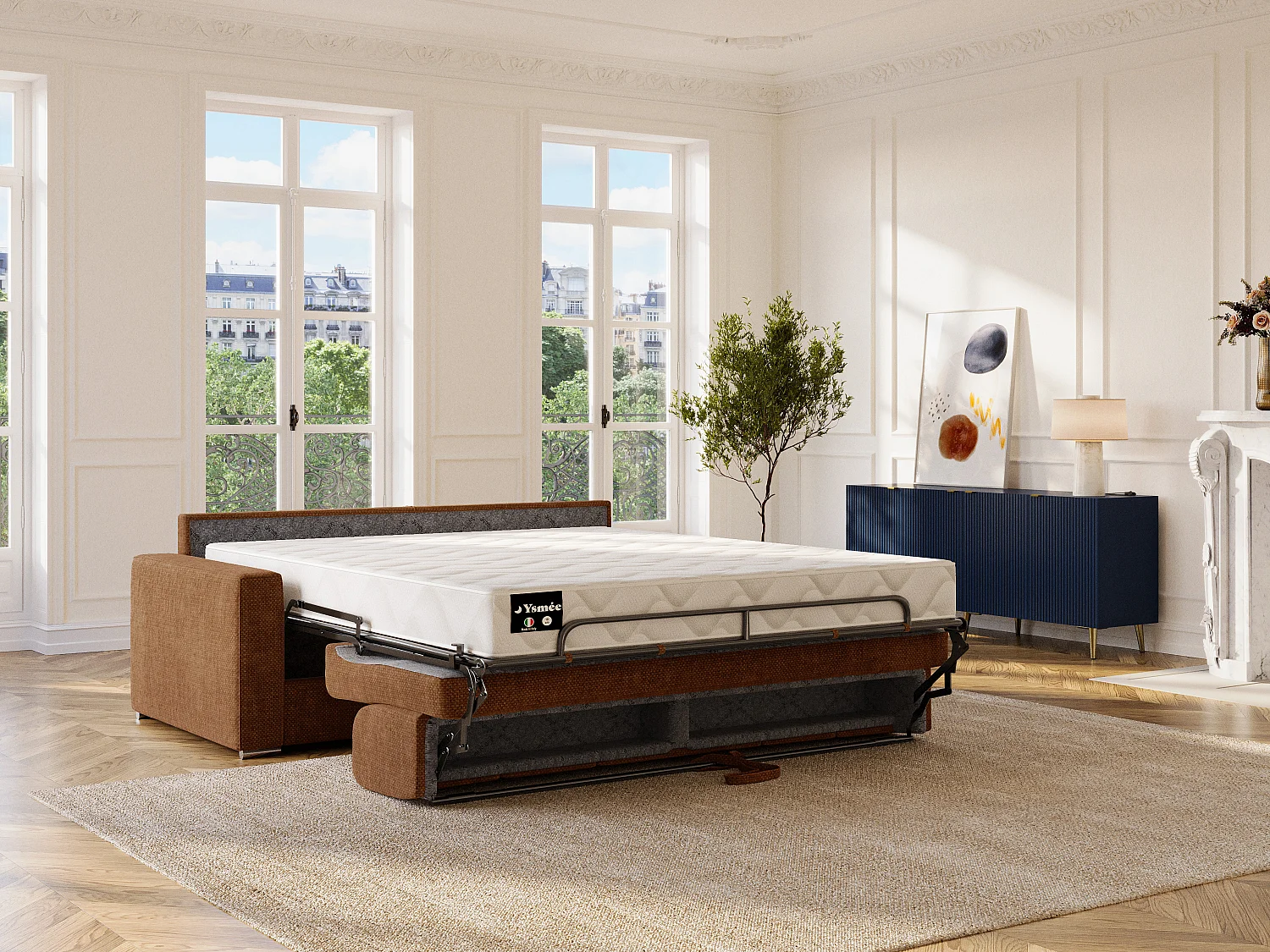 Canapé 4 places convertible express en tissu terracotta - Matelas 22 cm avec mémoire de forme CALITO