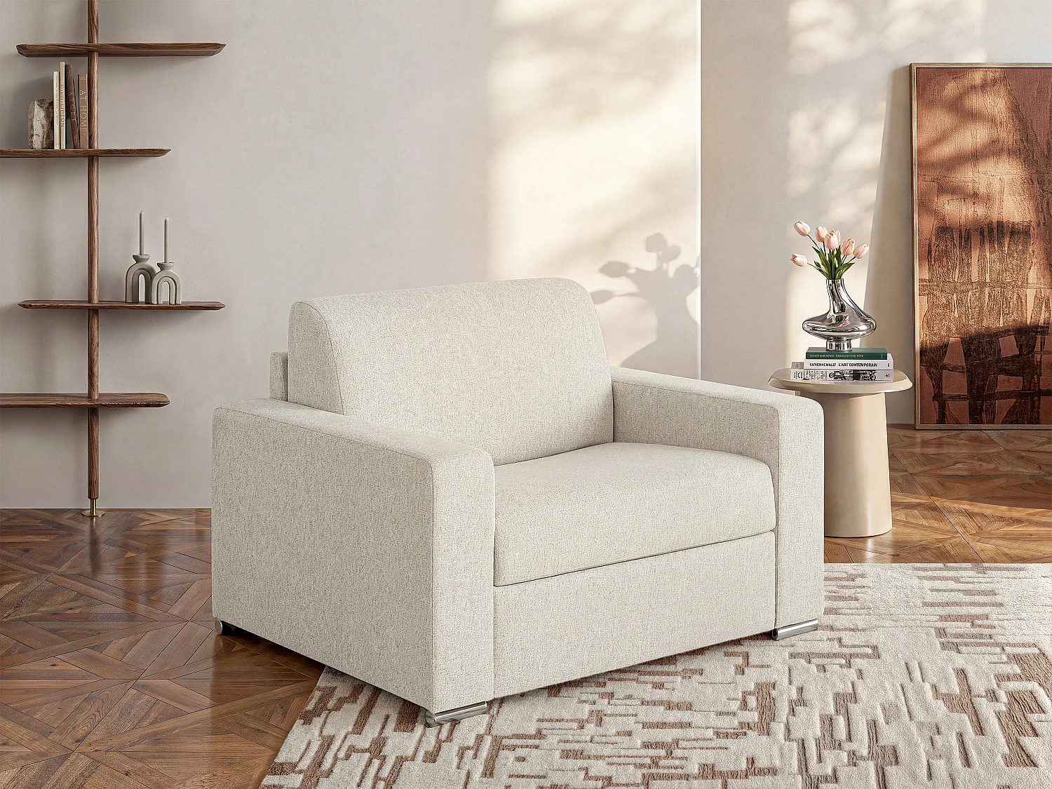 Fauteuil convertible express en tissu chiné beige - Couchage à lattes larges 70 cm - Matelas 14 cm - CALITO