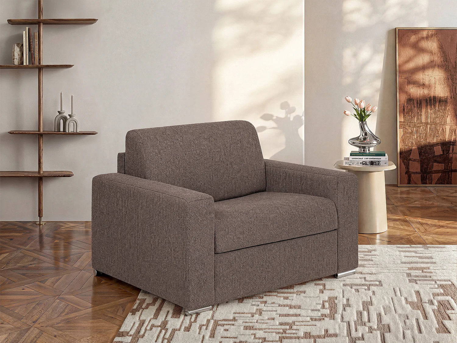 Fauteuil convertible express en tissu chiné chocolat - Couchage à lattes larges 70 cm - Matelas 14 cm - CALITO