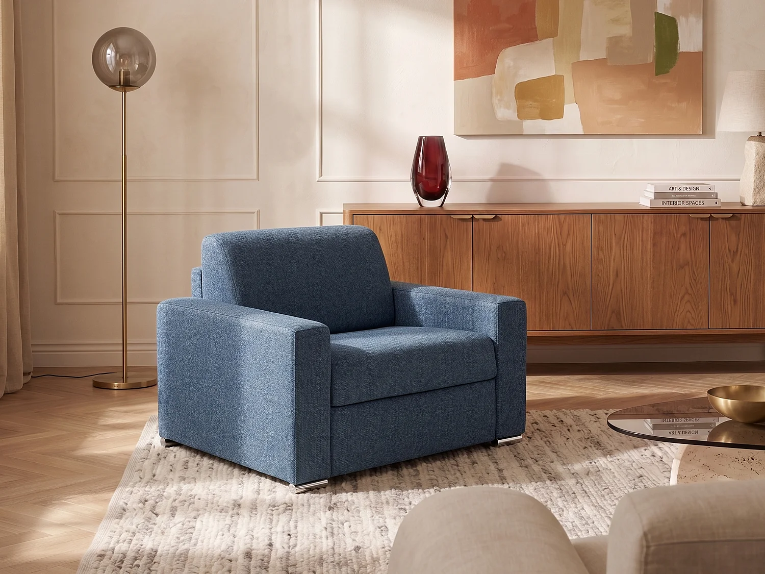 Fauteuil convertible express en tissu texturé bleu - Couchage à lattes larges 70 cm - Matelas 14 cm - CALITO