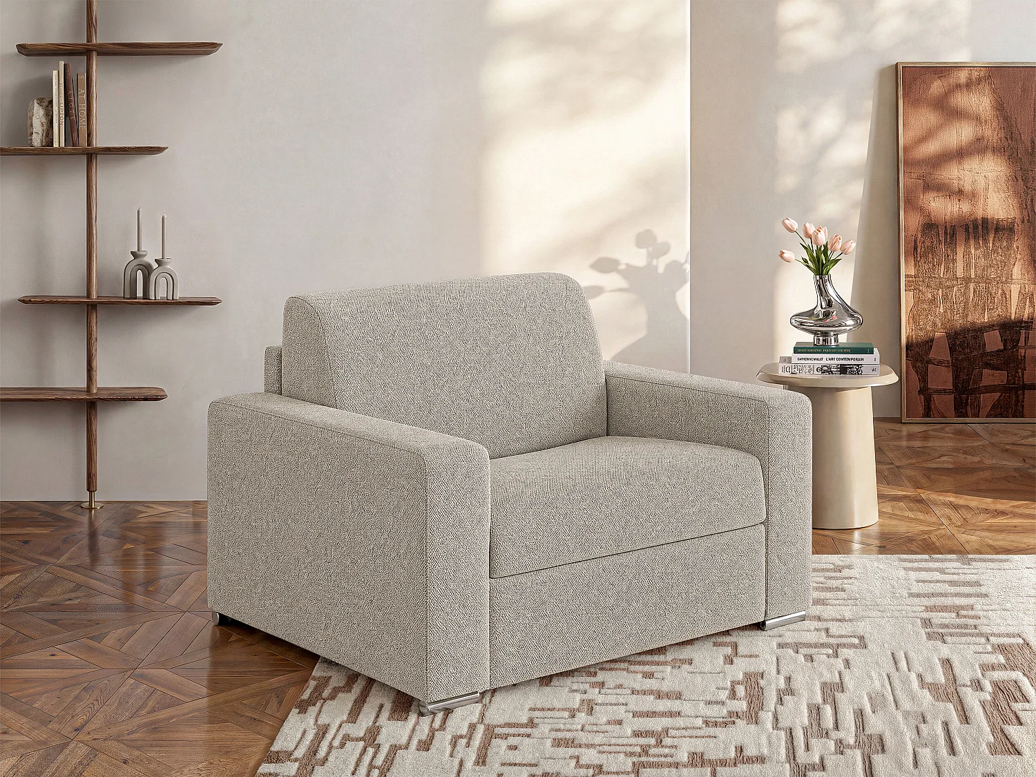 Fauteuil convertible express en tissu texturé beige - Couchage à lattes larges 70 cm - Matelas 18 cm - CALITO