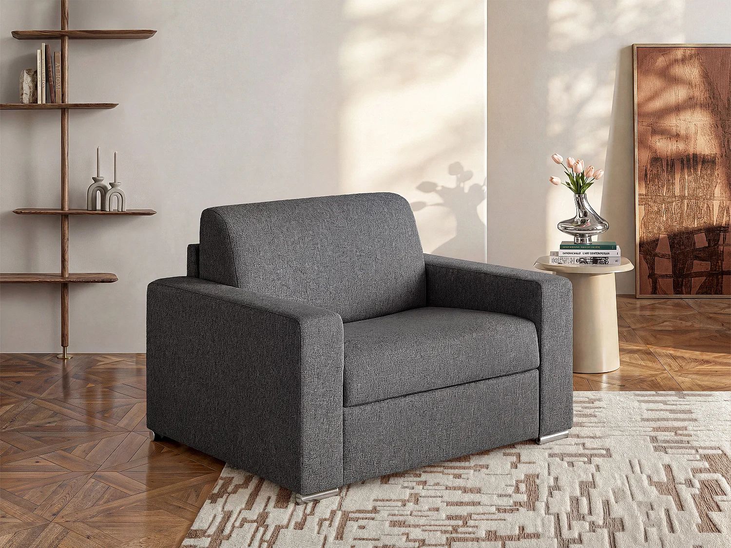 Fauteuil convertible express en tissu chiné anthracite - Couchage 70 cm - Matelas 18 cm - CALITO