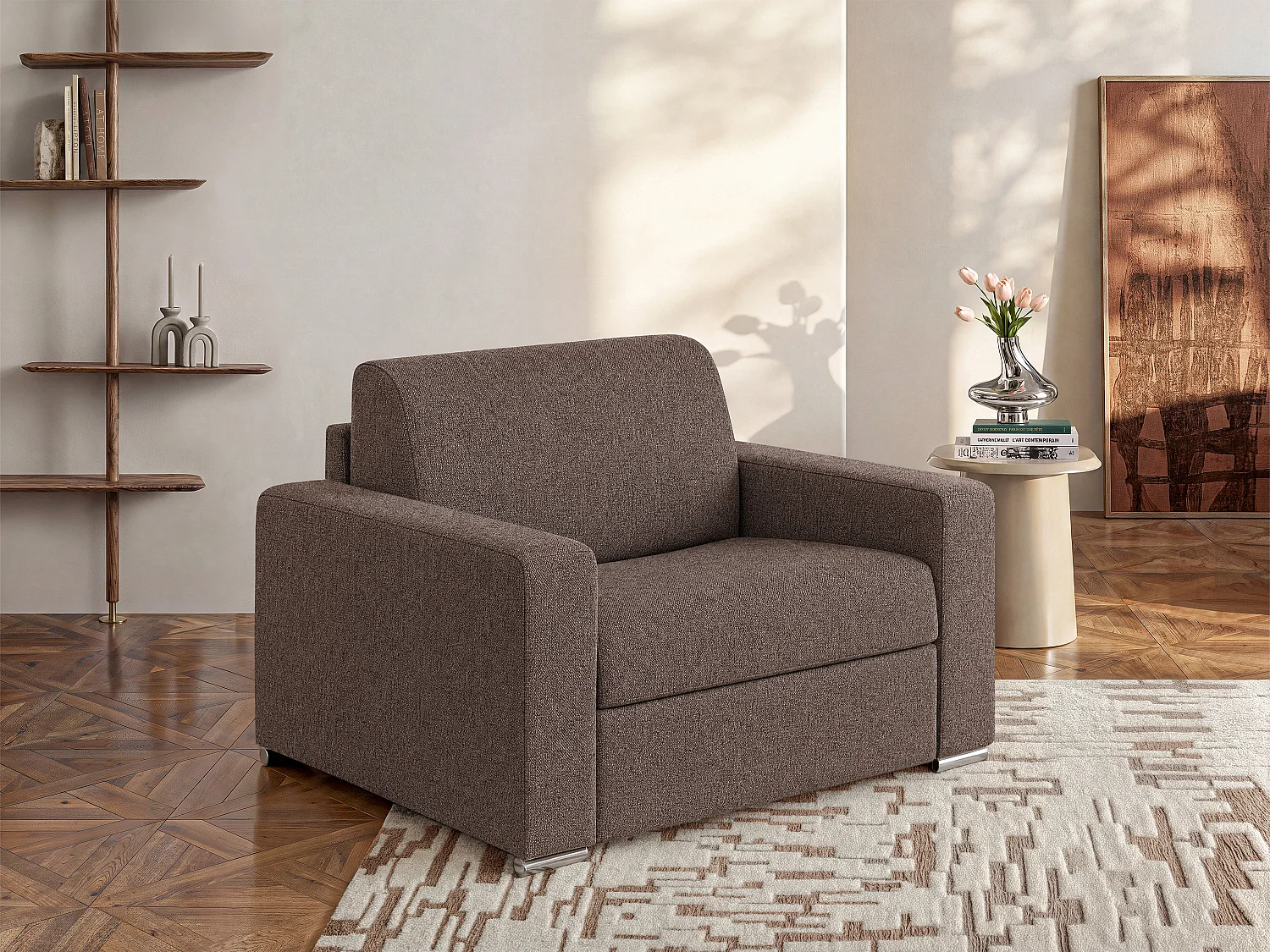 Fauteuil convertible express en tissu chiné chocolat - Couchage 70 cm - Matelas 18 cm - CALITO