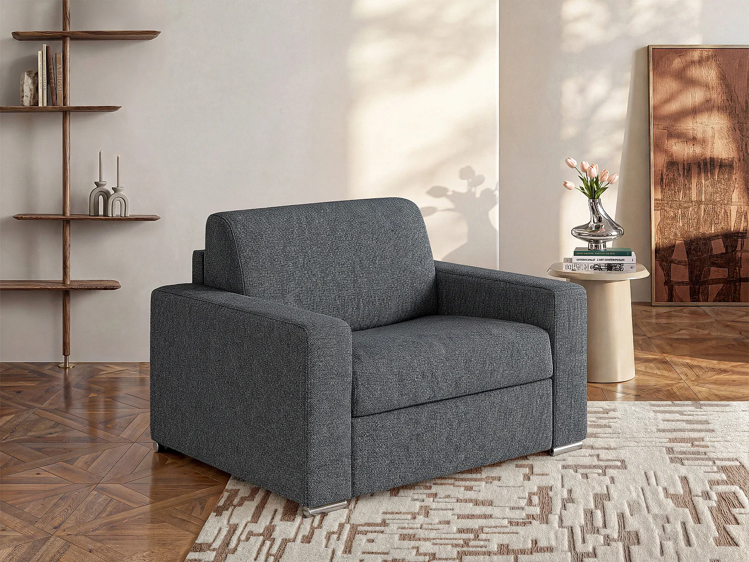 Fauteuil convertible express en tissu texturé gris - Couchage 70 cm - Matelas 18 cm - CALITO