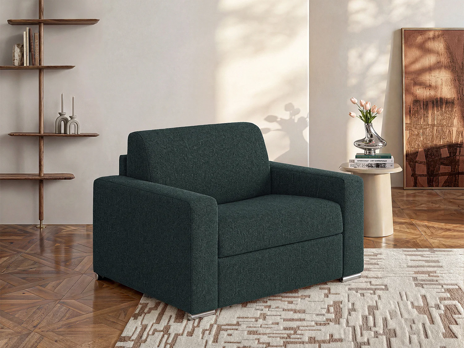 Fauteuil convertible express en tissu texturé vert sapin - Couchage à lattes larges 70 cm - Matelas 18 cm - CALITO