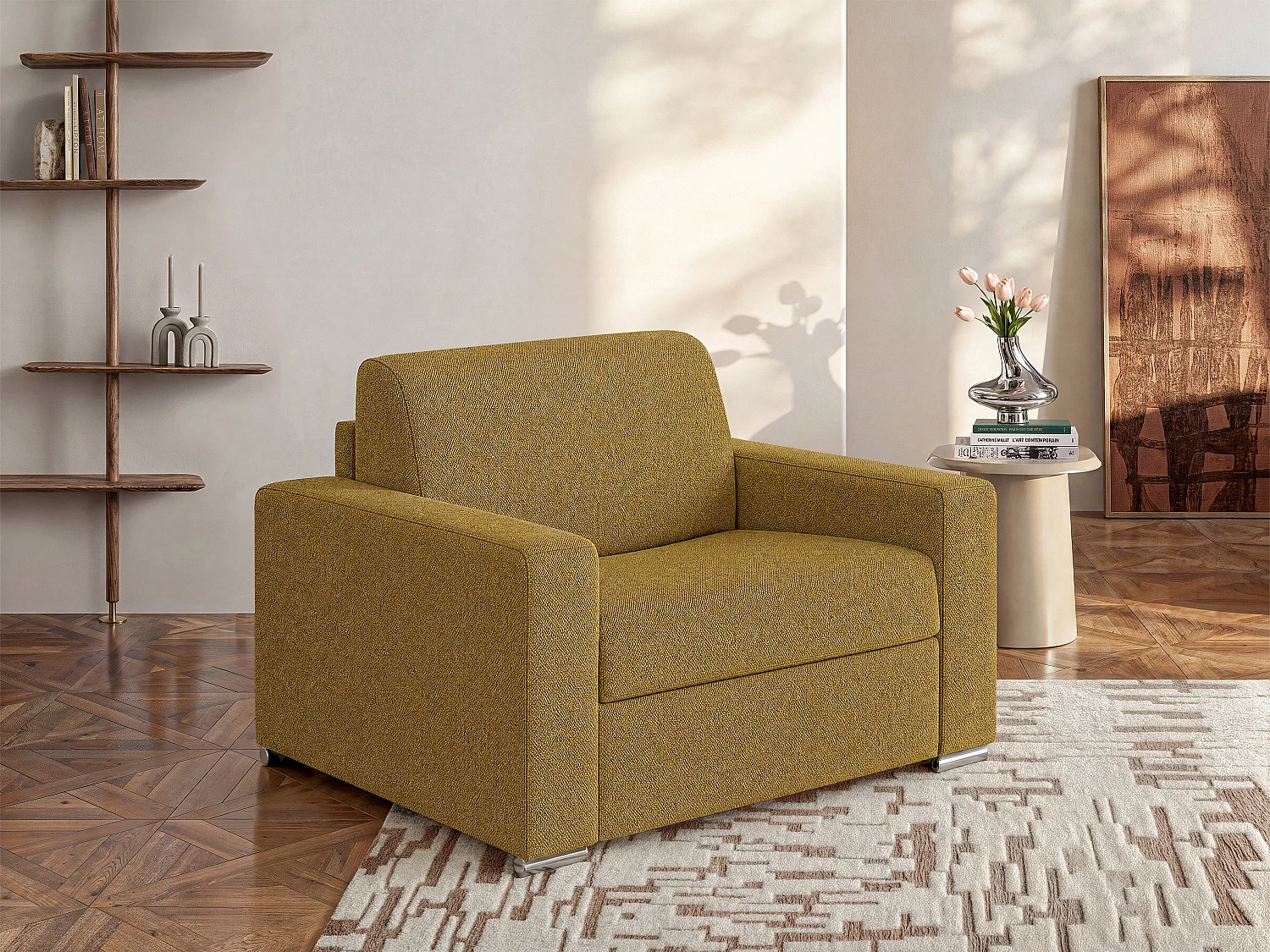 Fauteuil convertible express en tissu texturé jaune - Couchage à lattes larges 70 cm - Matelas 18 cm - CALITO