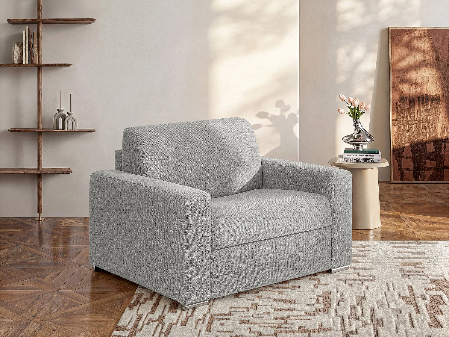 Fauteuil convertible express en tissu chiné gris clair - Couchage 70 cm - Matelas 18 cm - CALITO