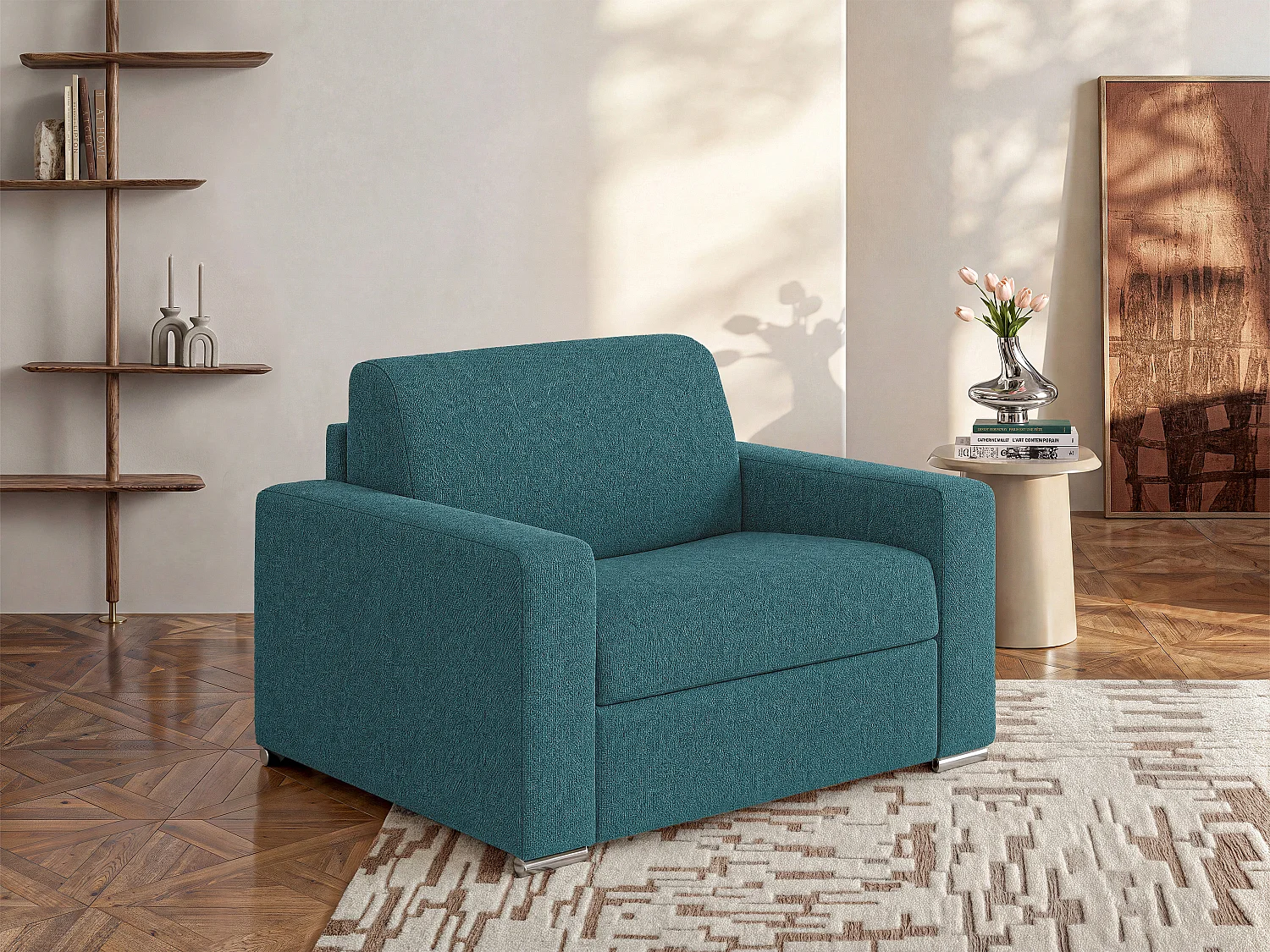 Fauteuil convertible express en tissu chiné bleu - Couchage 70 cm - Matelas 18 cm - CALITO