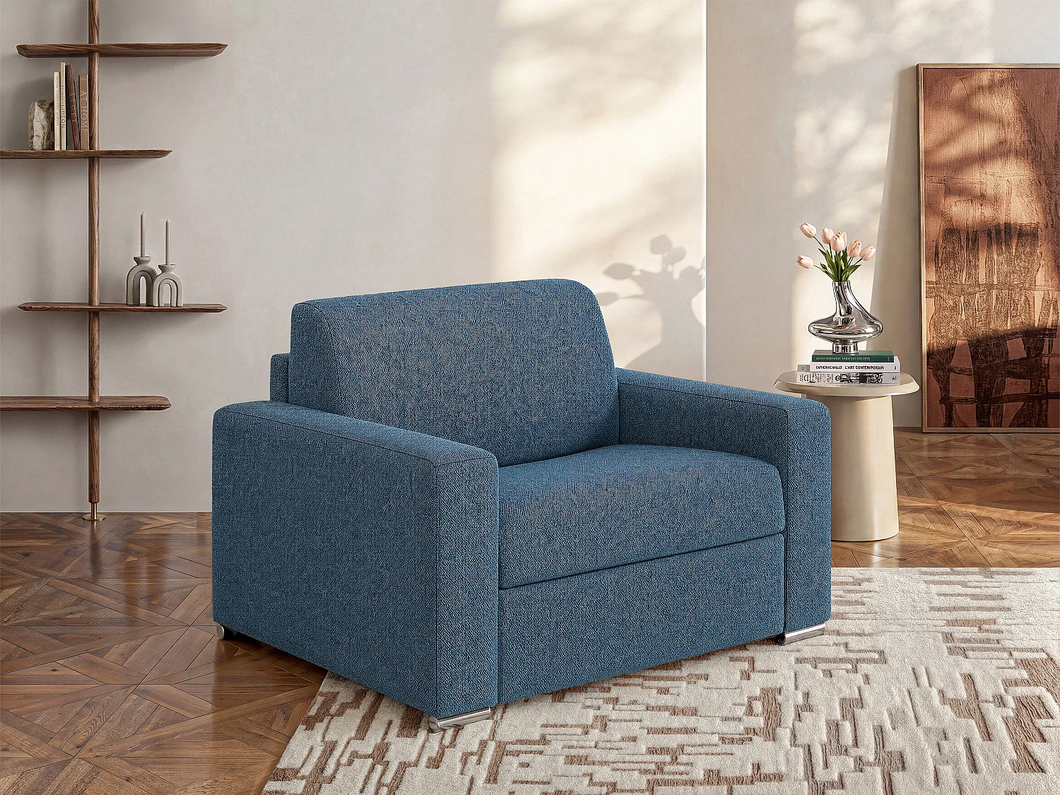 Fauteuil convertible express en tissu texturé bleu - Couchage 70 cm - Matelas 18 cm - CALITO