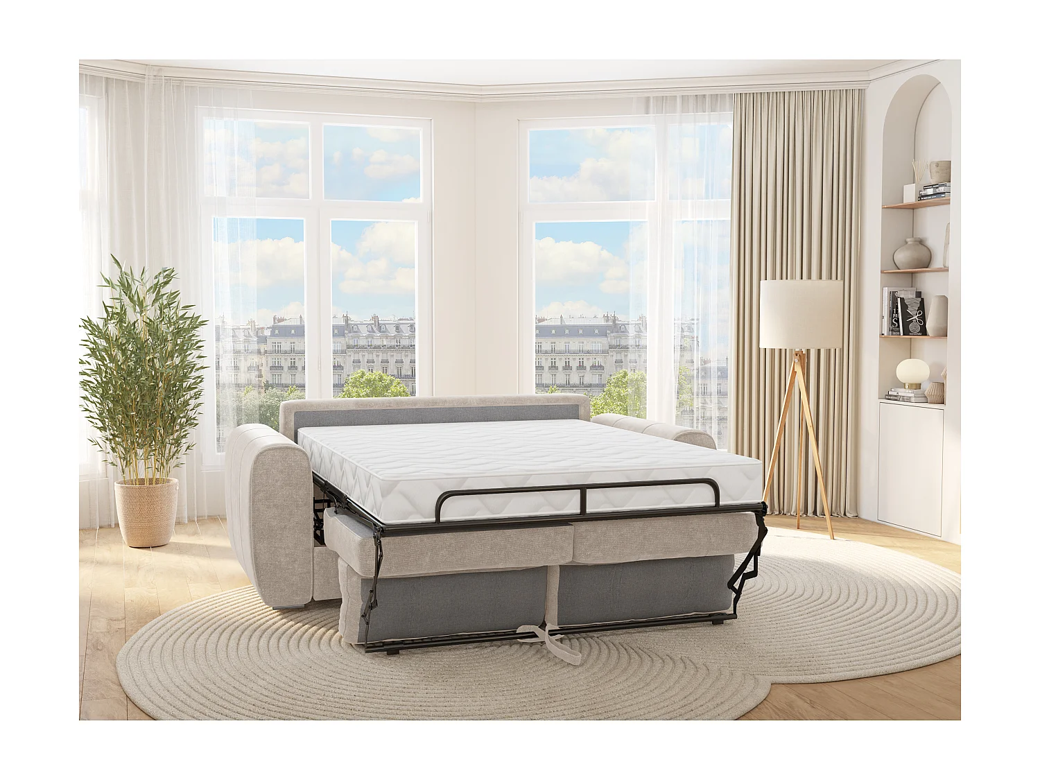 Canapé 3 places convertible express en tissu beige - Couchage 140 cm - Matelas 18 cm - BOLIPO