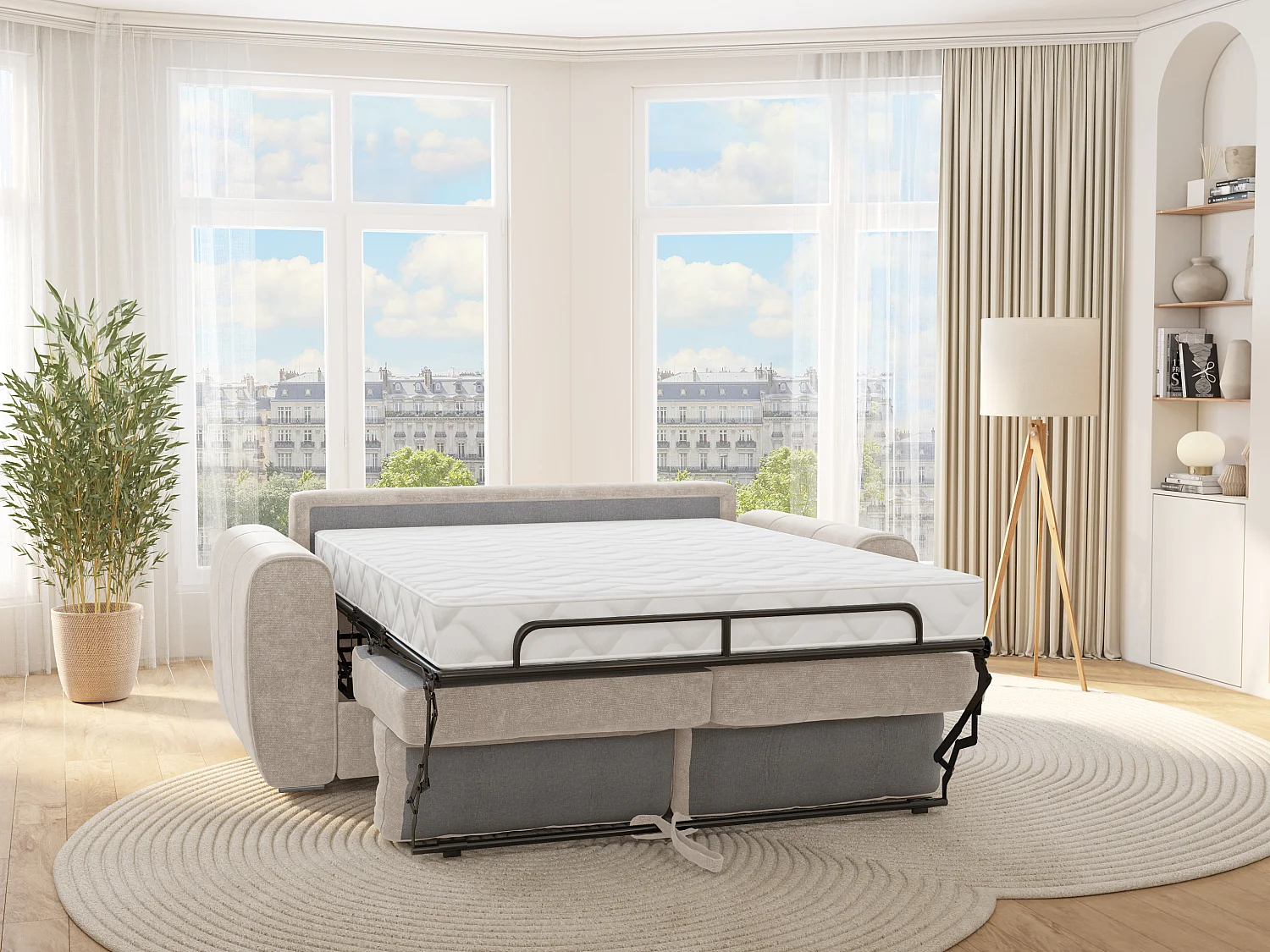 Canapé 3 places convertible express en tissu beige - Couchage à lattes larges 140 cm - Matelas 22 cm avec mémoire de forme - BOLIPO