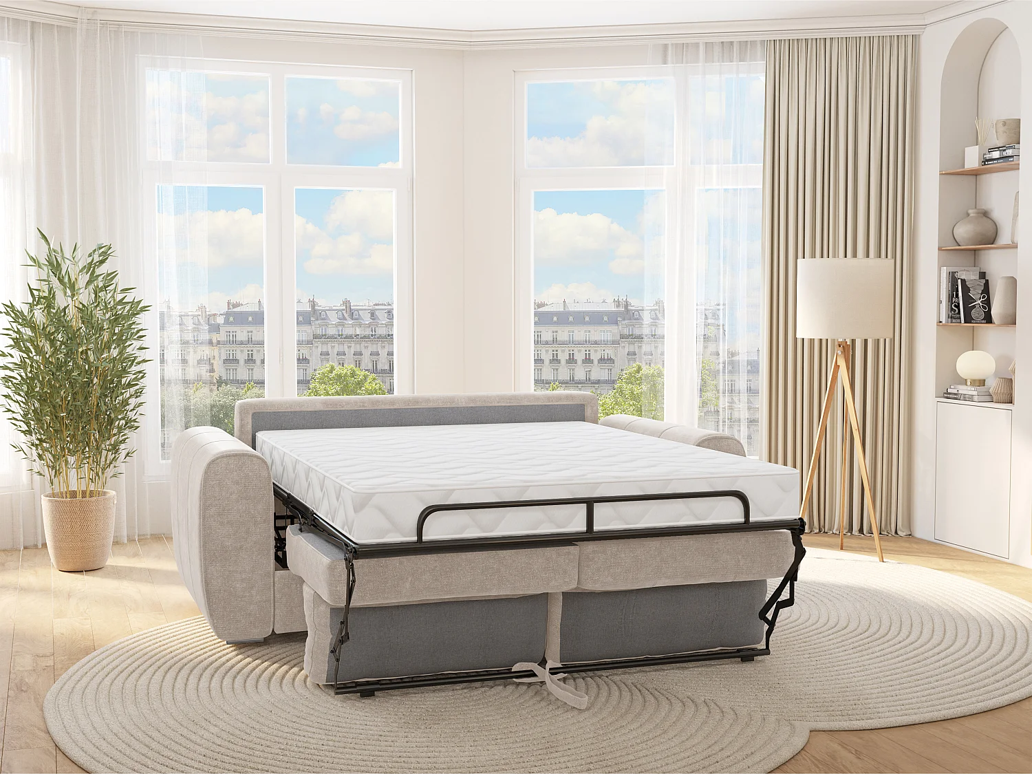 Canapé 4 places convertible express en tissu beige - Couchage à lattes large 160 cm - Matelas 22 cm avec mémoire de forme - BOLIPO