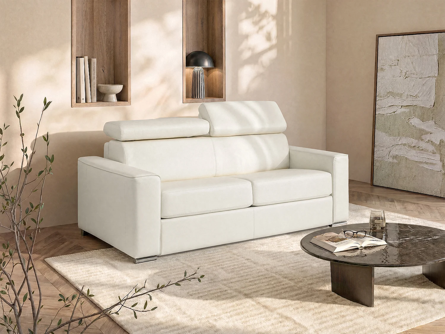 Driezitsslaapbank express convertible in wit buffeleer - Brede lattenbodem 140 cm - Matras 14 cm VIZIR