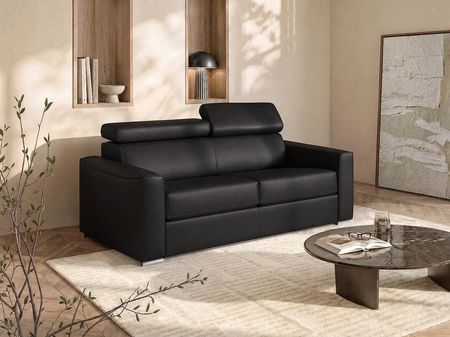 Driezitsslaapbank express in zwart buffelsleder - Brede lattenbodem 140 cm - Matras 22 cm met traagschuim VIZIR