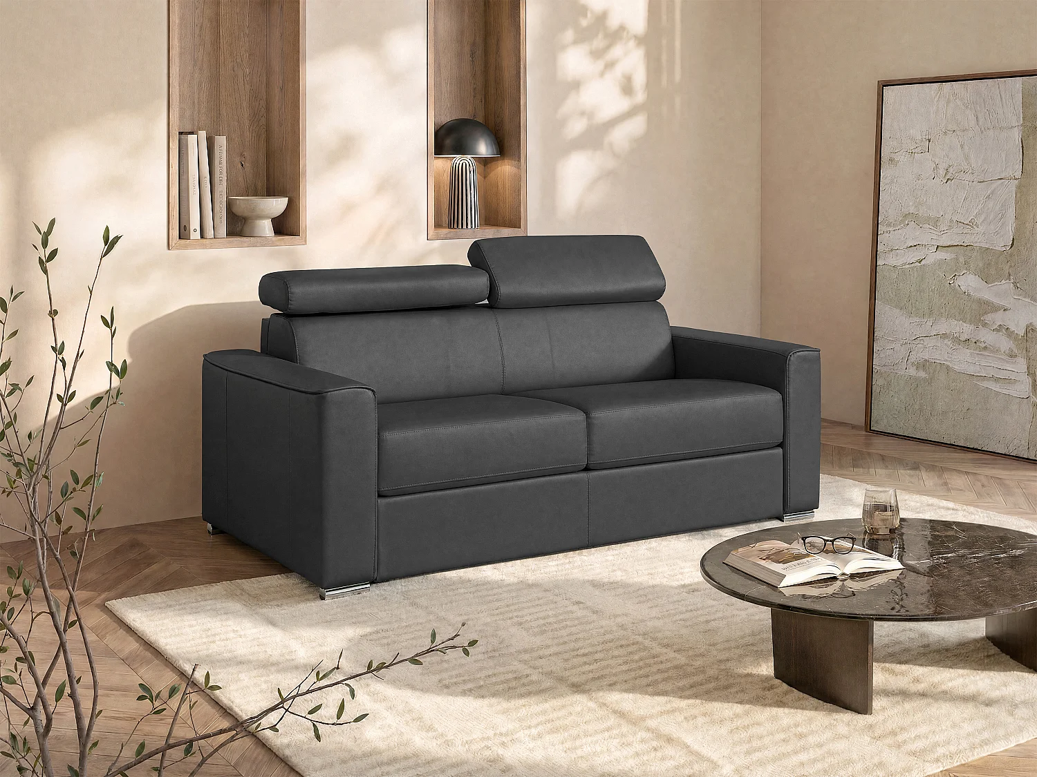 Driezitsslaapbank express in grijs buffelkleurig leer - Brede lattenbodem 140 cm - Matras 22 cm met traagschuim VIZIR