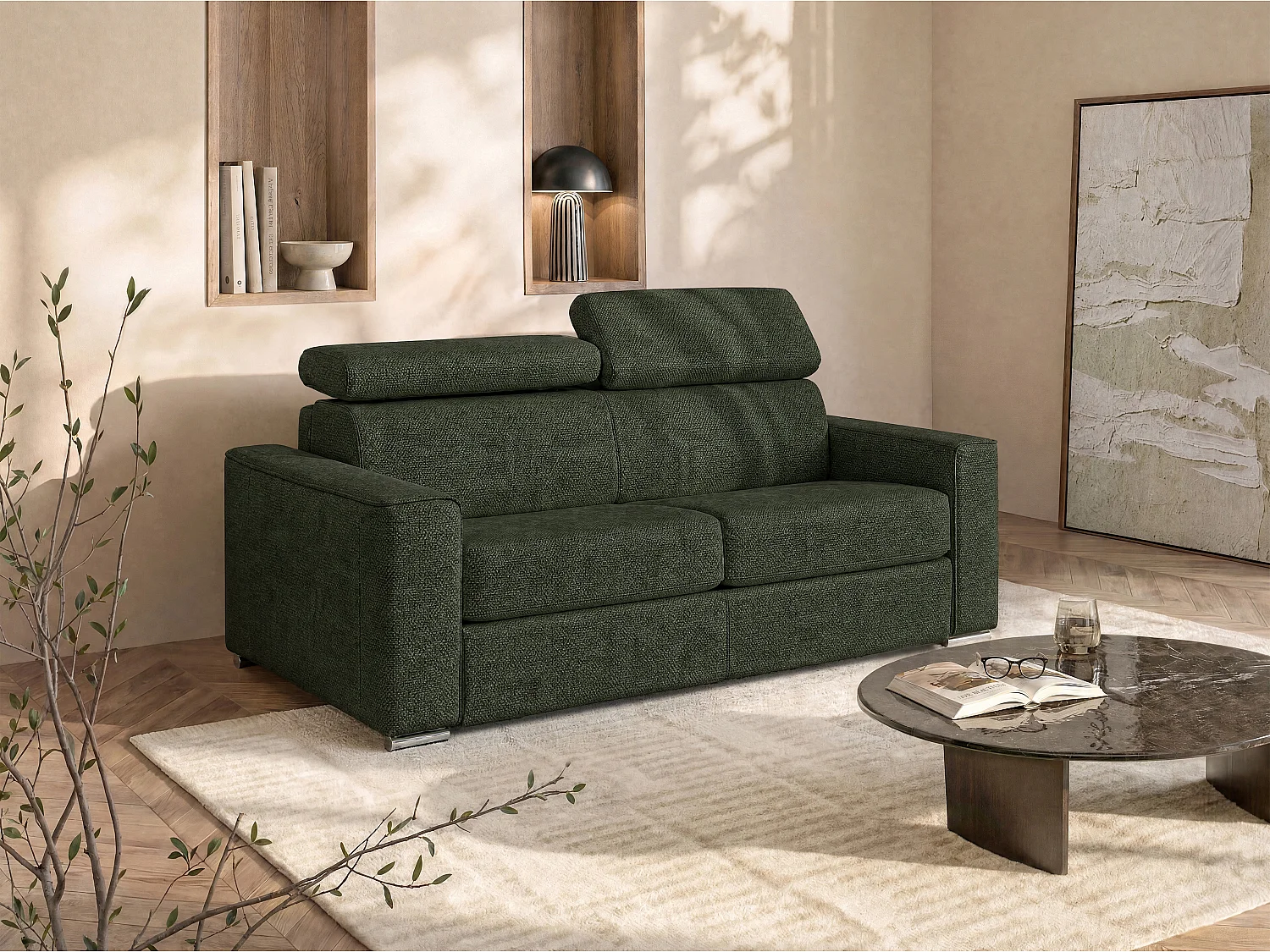 Canapé 3 places convertible express en tissu vert sapin - Couchage à lattes larges 140 cm - Matelas 22 cm avec mémoire de forme VIZIR