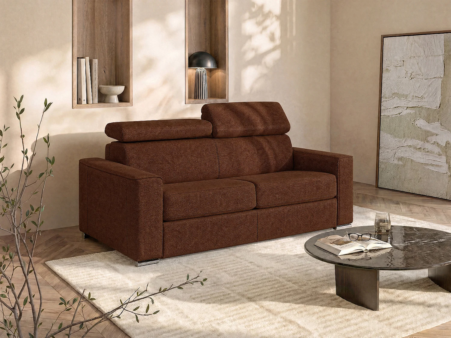 3-seater express convertible sofa in terracotta fabric - Wide slat bed 140 cm - 18 cm mattress VIZIR