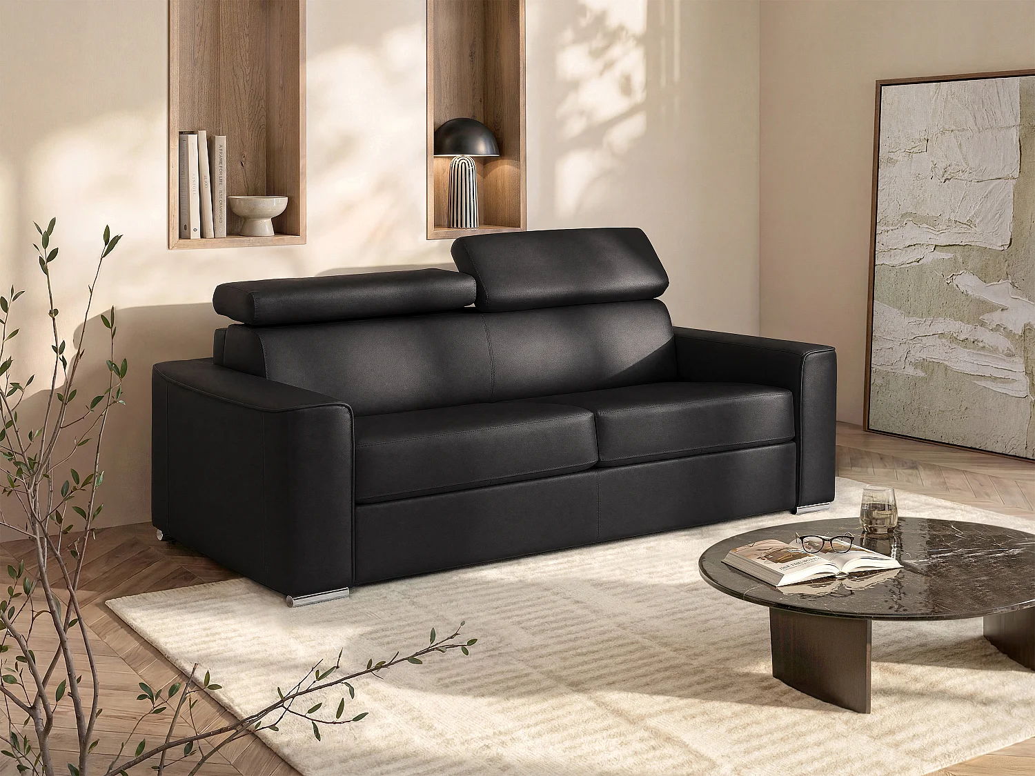 Vierzitsslaapbank express in zwart buffelsleder - Bedbodem met brede latten 160 cm - Matras 14 cm VIZIR