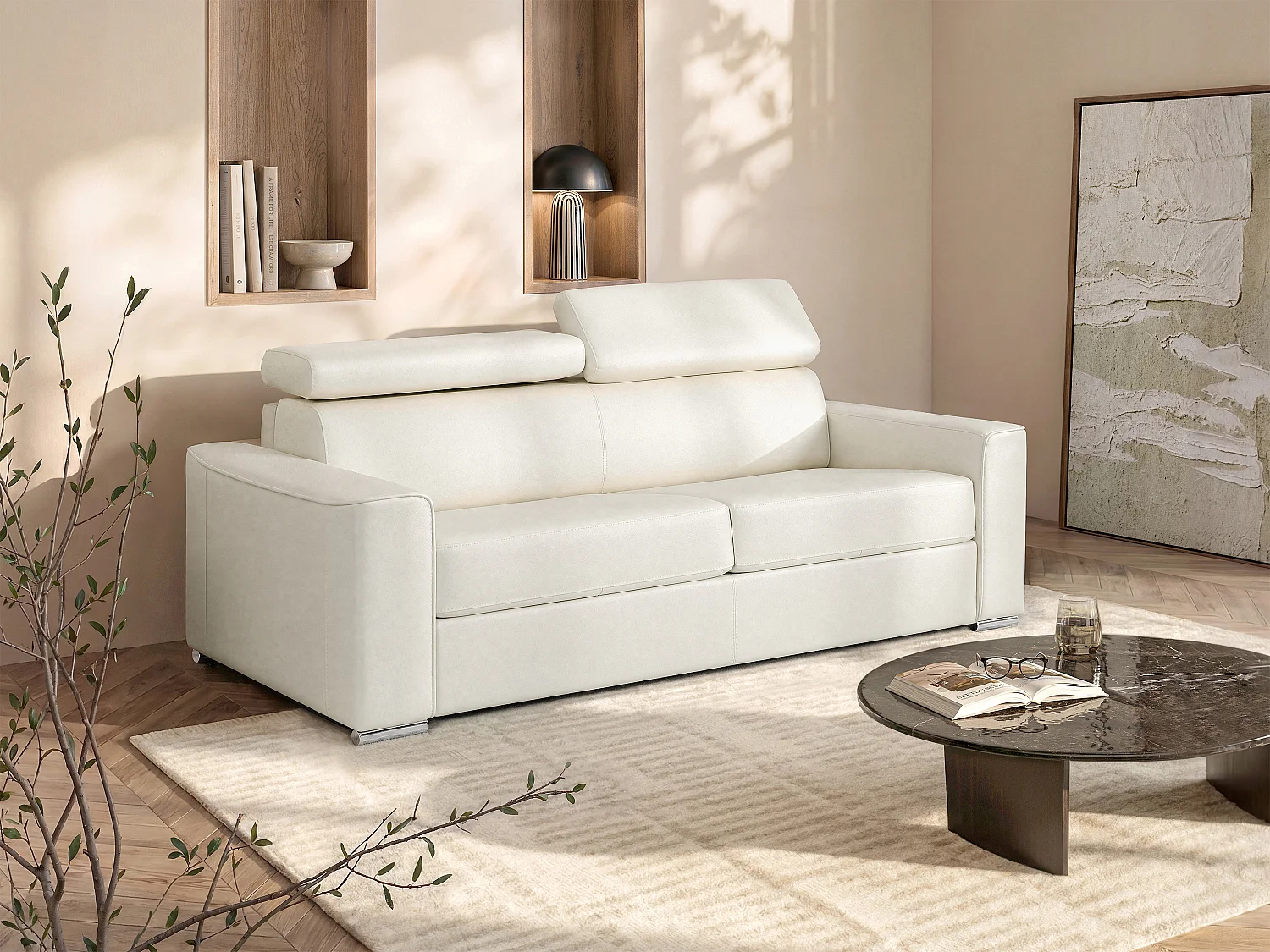 Canapé 4 places convertible express en cuir de buffle blanc - Couchage 160 cm - Matelas 22 cm avec mémoire de forme VIZIR