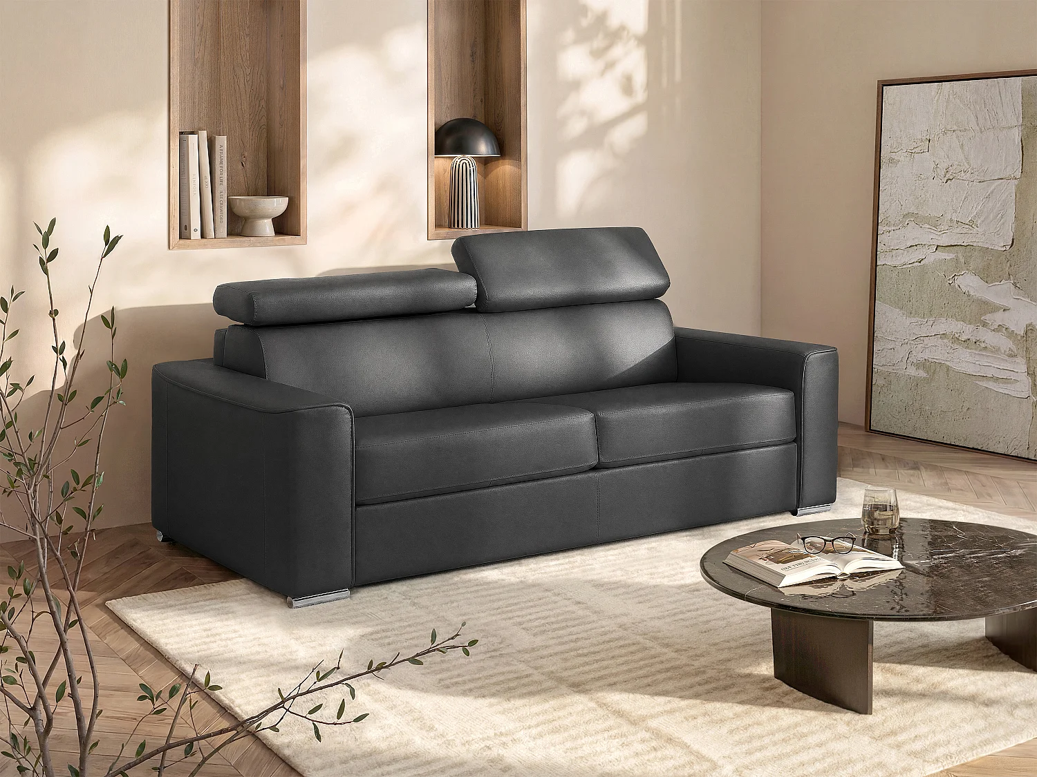 Canapé 4 places convertible express en cuir de buffle gris - Couchage 160 cm - Matelas 18 cm VIZIR