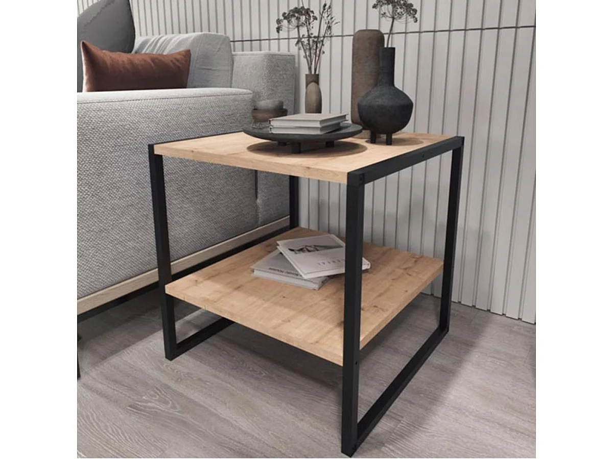 Mesa de centro Delia con estantes natural/negro 56x50x50 cm